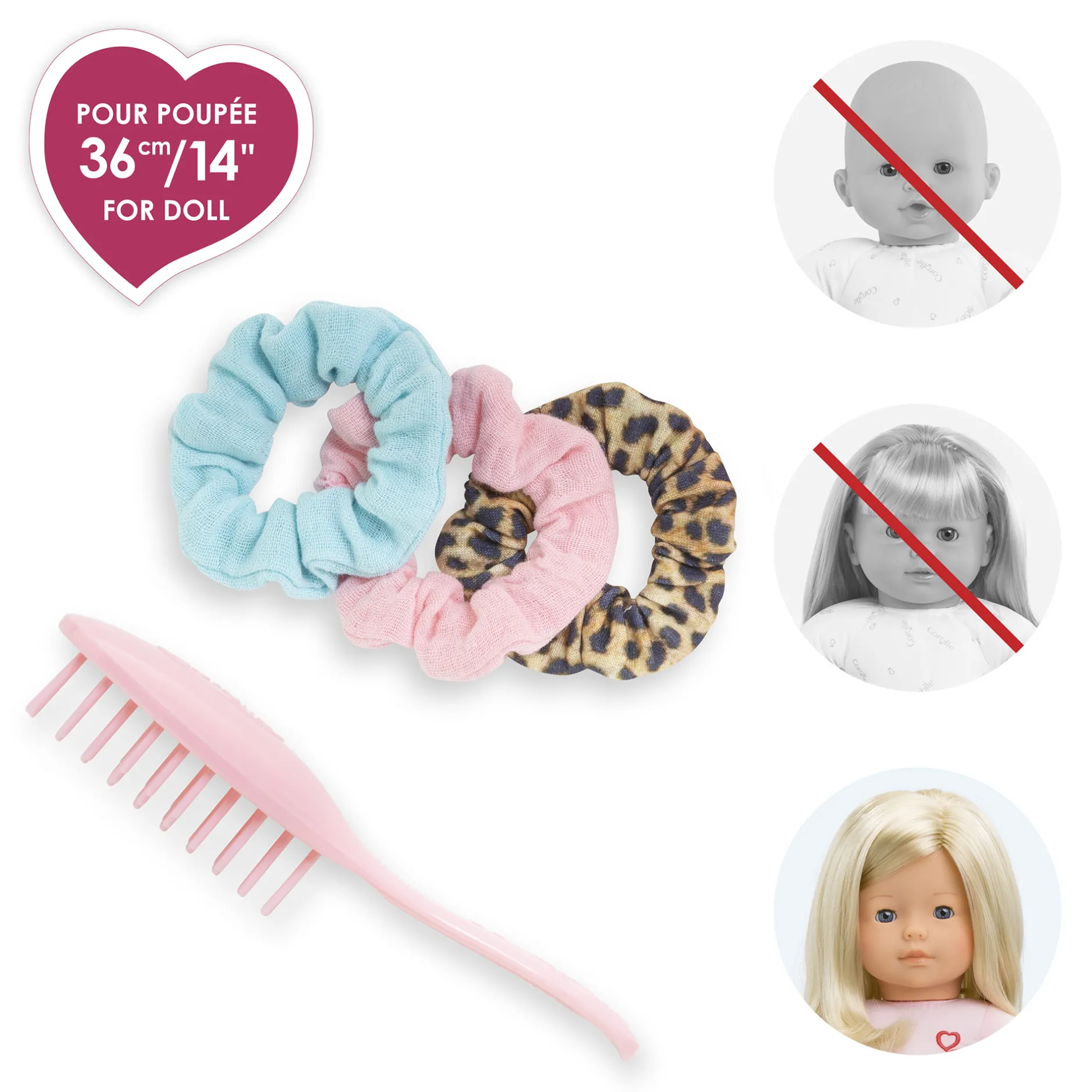 Corolle Ensemble Brosse et 3 Chouchous pour poupée ma Hot